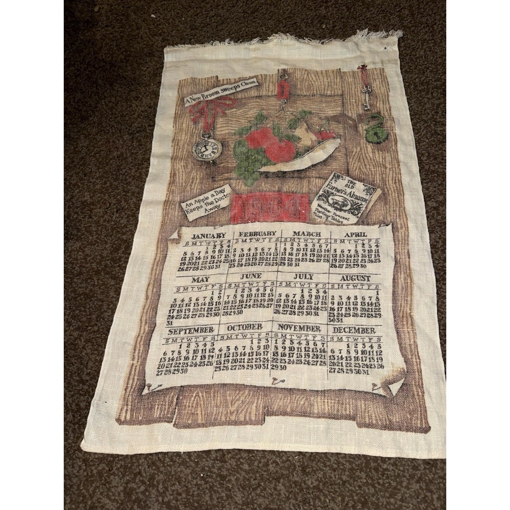 1964 Vintage Calendar Dish Towel Farmers Almanac Apple Linen Tea Towel 28x16